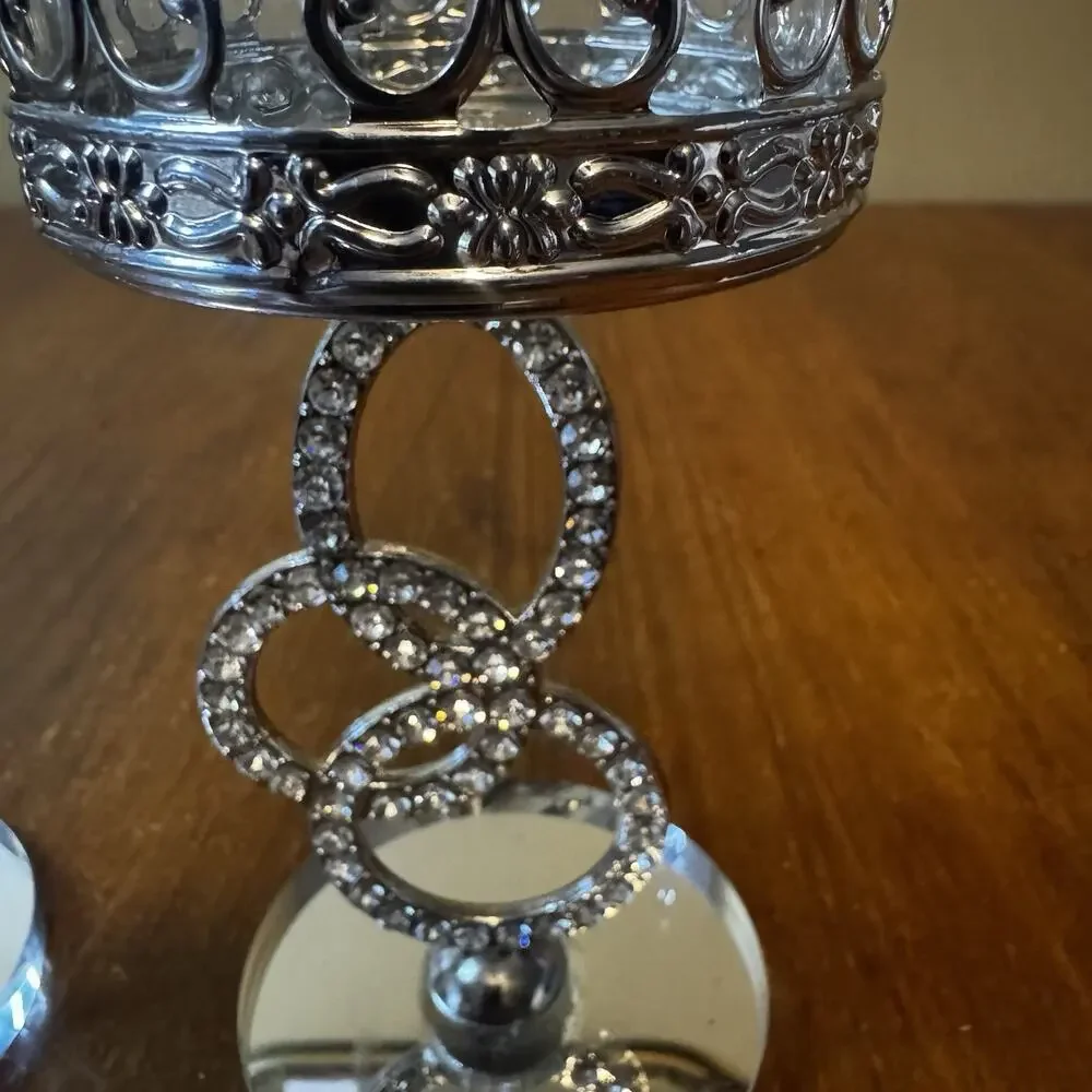 Rhinestone Candle Holders Set of 2 Glass Votive Wedding Table Decor 8”